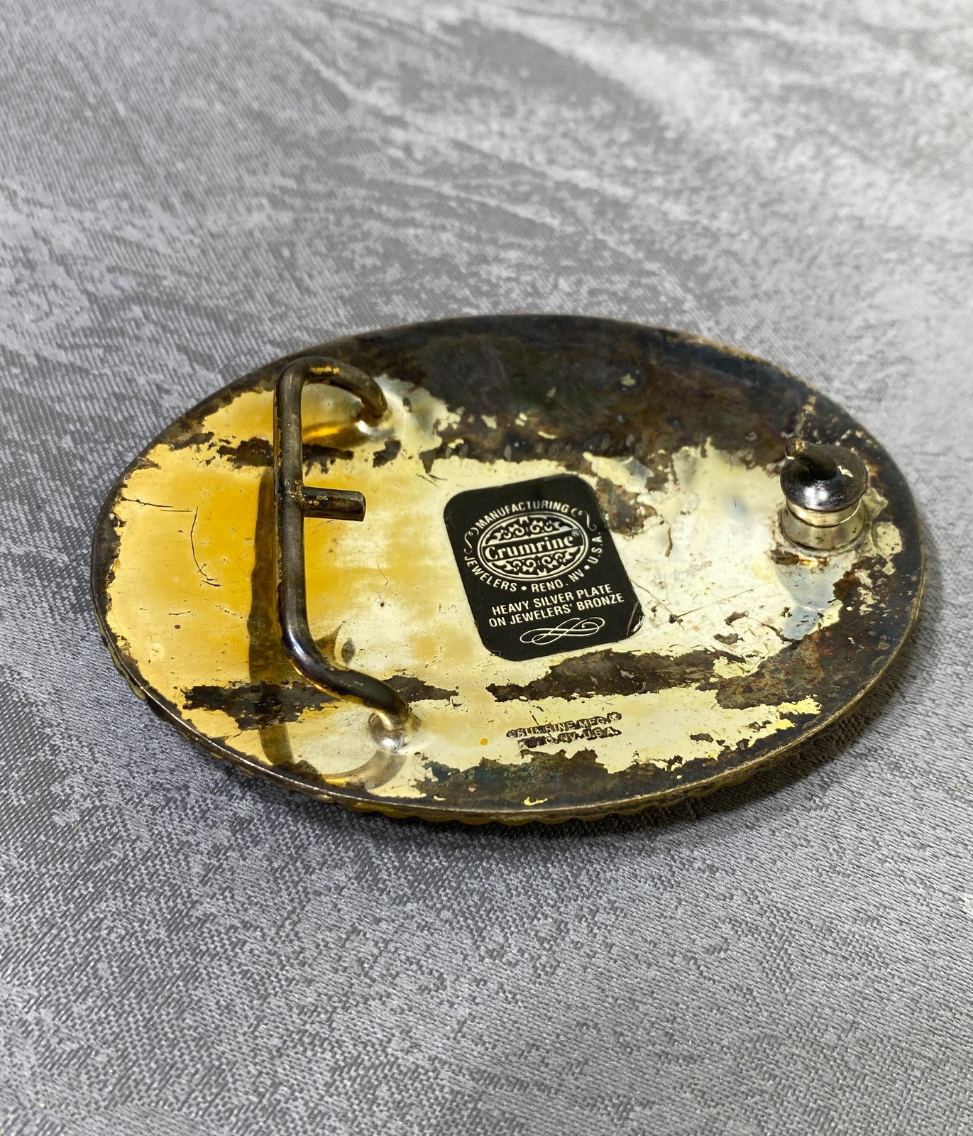 Vintage Crumrine Belt Buckle Mens Silver Plate Gold Eagle Western USA Oval