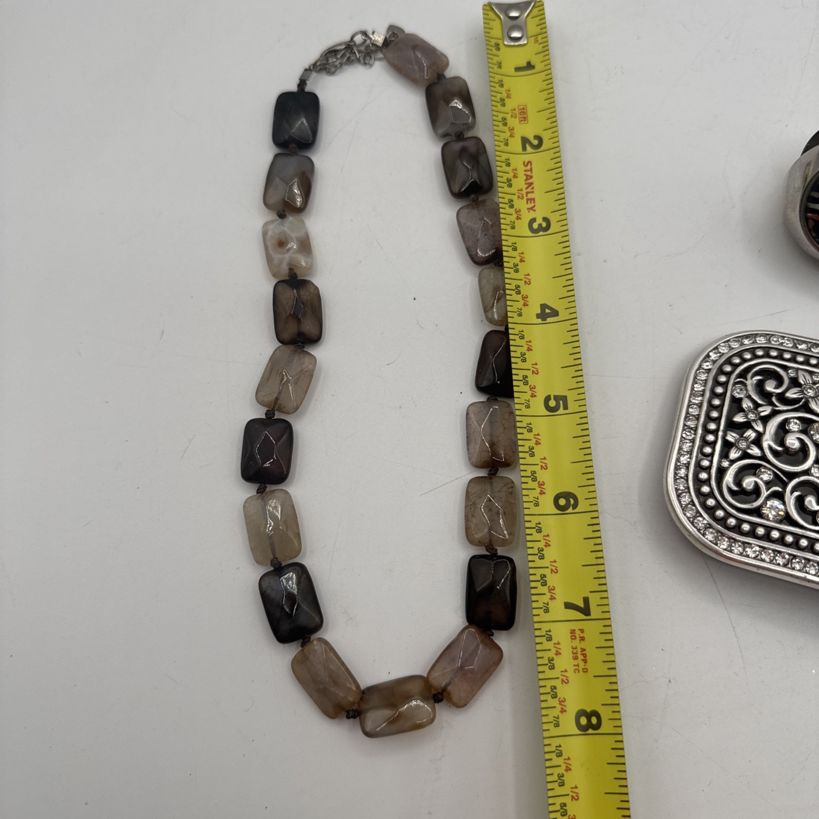 Shiny Metal Fashion Belt Buckle Business Card Holder & Agate Necklace.