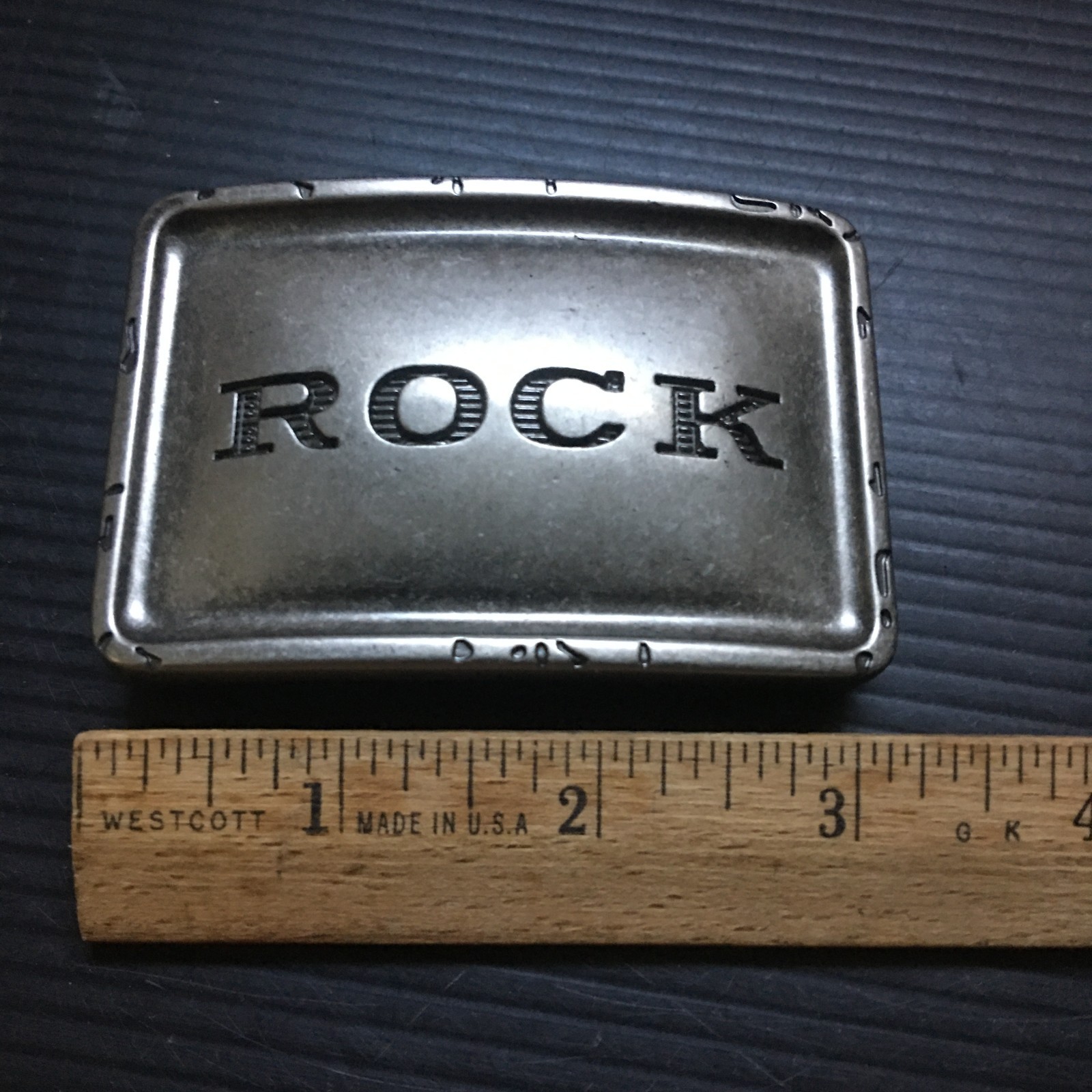 Vintage 1990s Distressed Silver Plate Metal « ROCK » Rectangular Belt Buckle