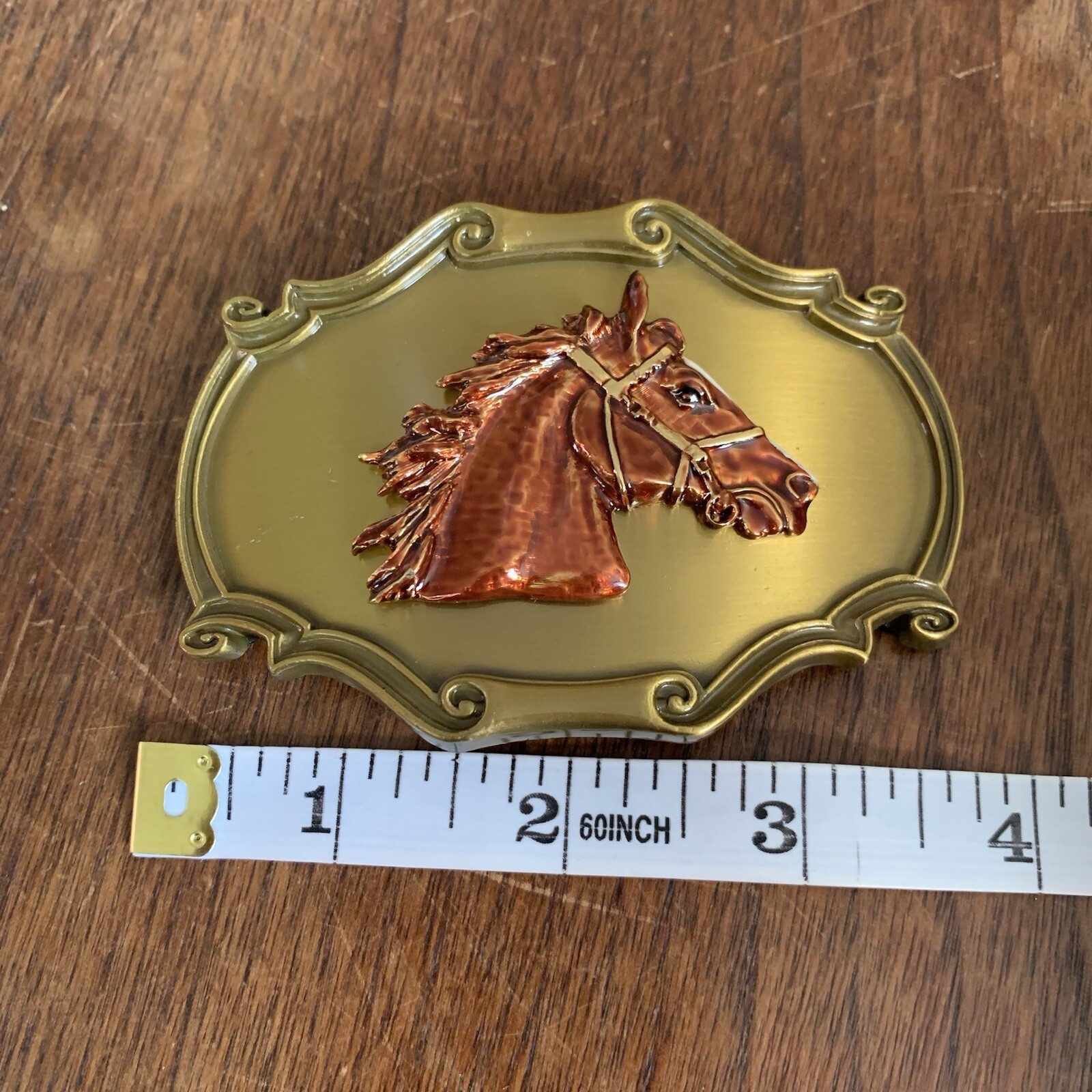 Vintage Horse Head Western Brass Belt Buckle Scalloped Raintree Made In USA 70s