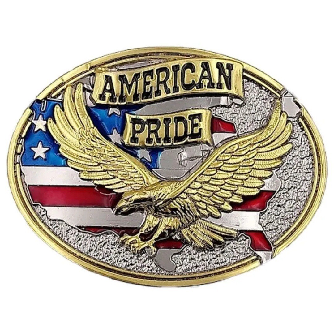 American Pride Belt Buckle Patriotic Eagle USA Flag Gold Silver Tone Oval NWT
