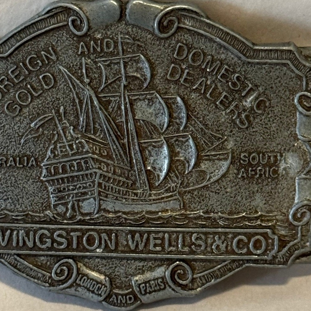 Pewter Livingston Wells & Co Gold Dealers Belt Buckle Circa 1970s