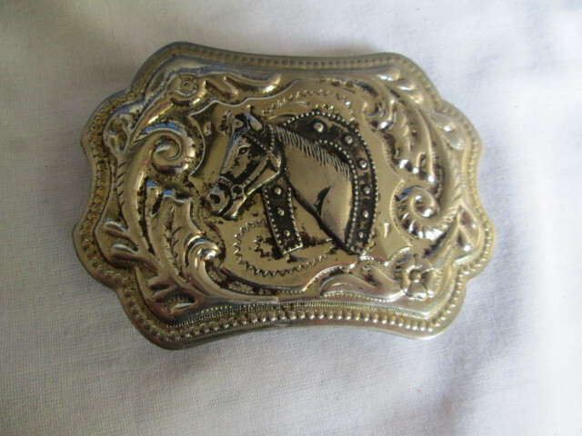 Horse Head Belt Buckle With Horseshoe Collar Silver Tone Vintage Hong Kong