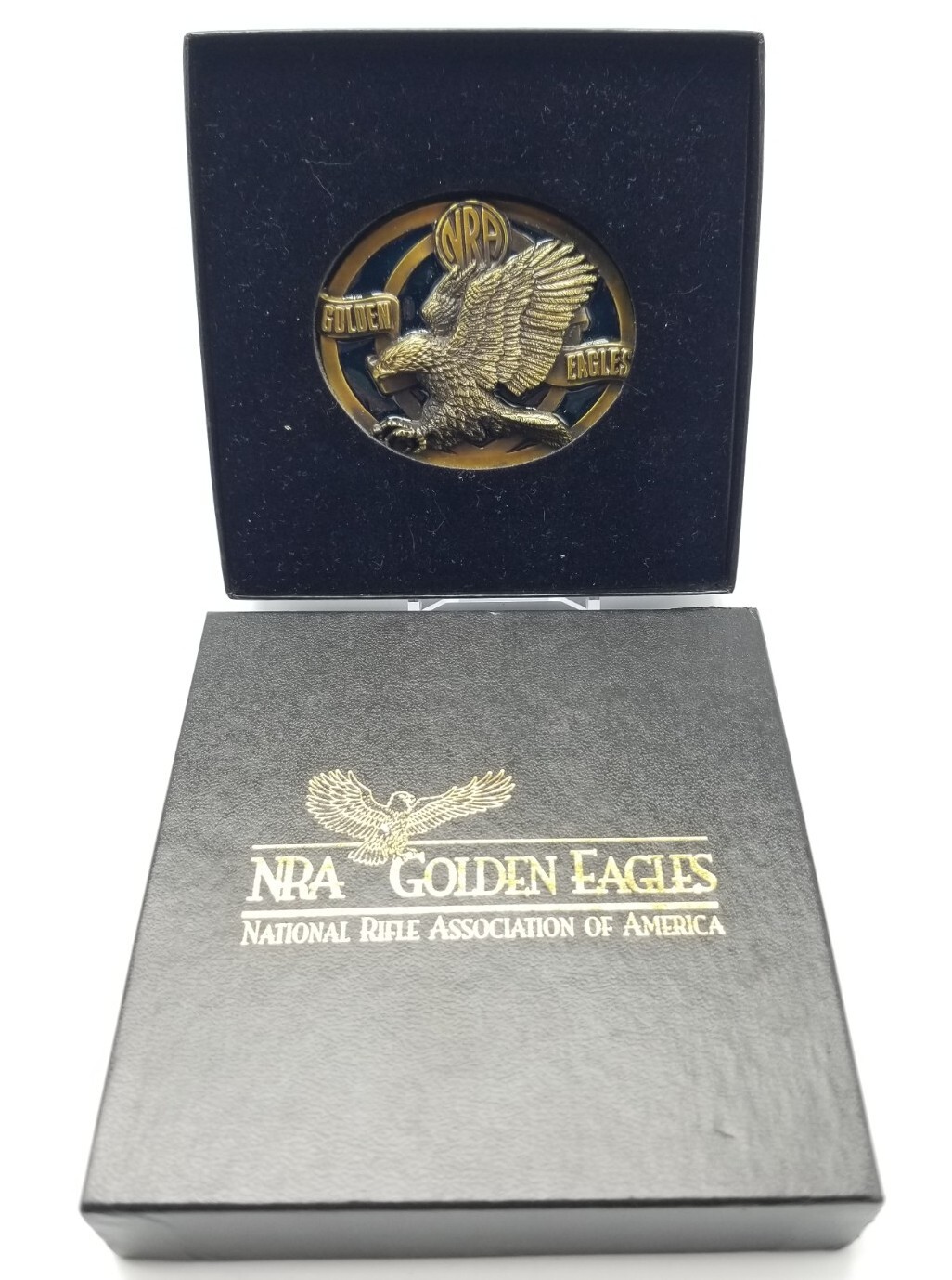 NRA Golden Eagles Brass Black Enamel Belt Buckle in Original Box