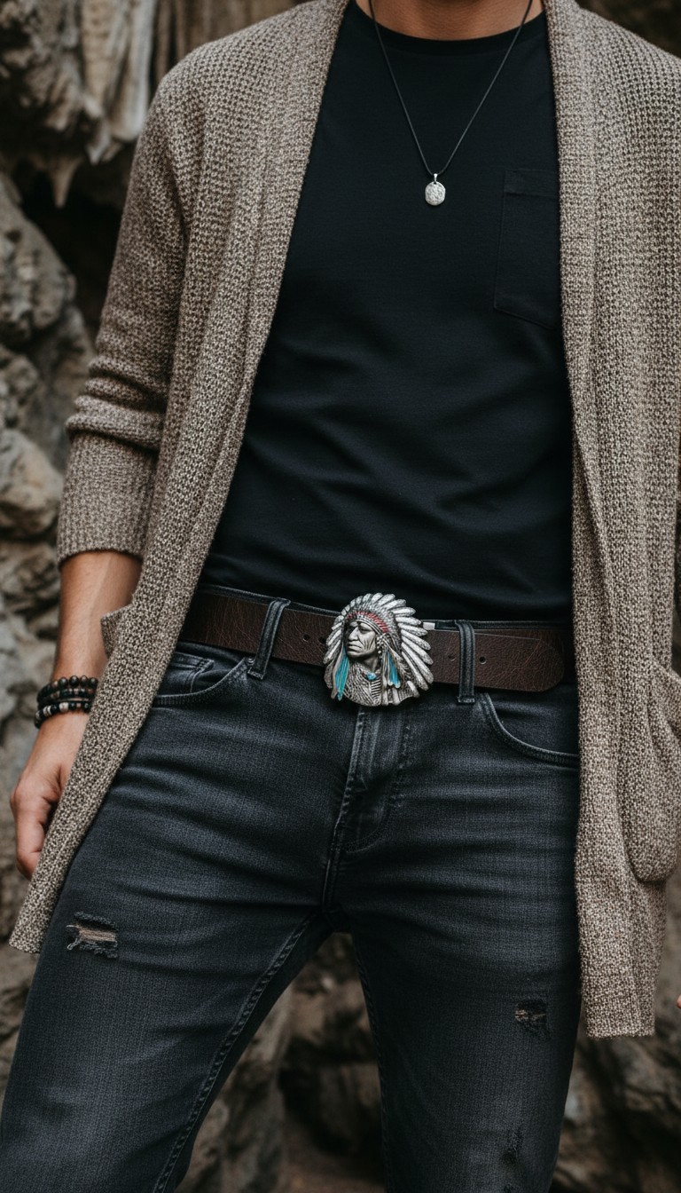 Men Silver Metal Western Fashion Belt Buckle Cowboy Native American Indian Face