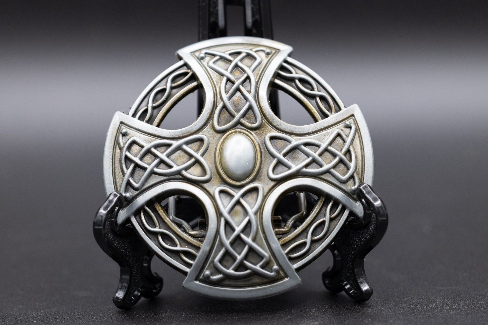 Vintage Style Celtic Cross Belt Buckle Intricate Knotwork Oval Center Cabochon