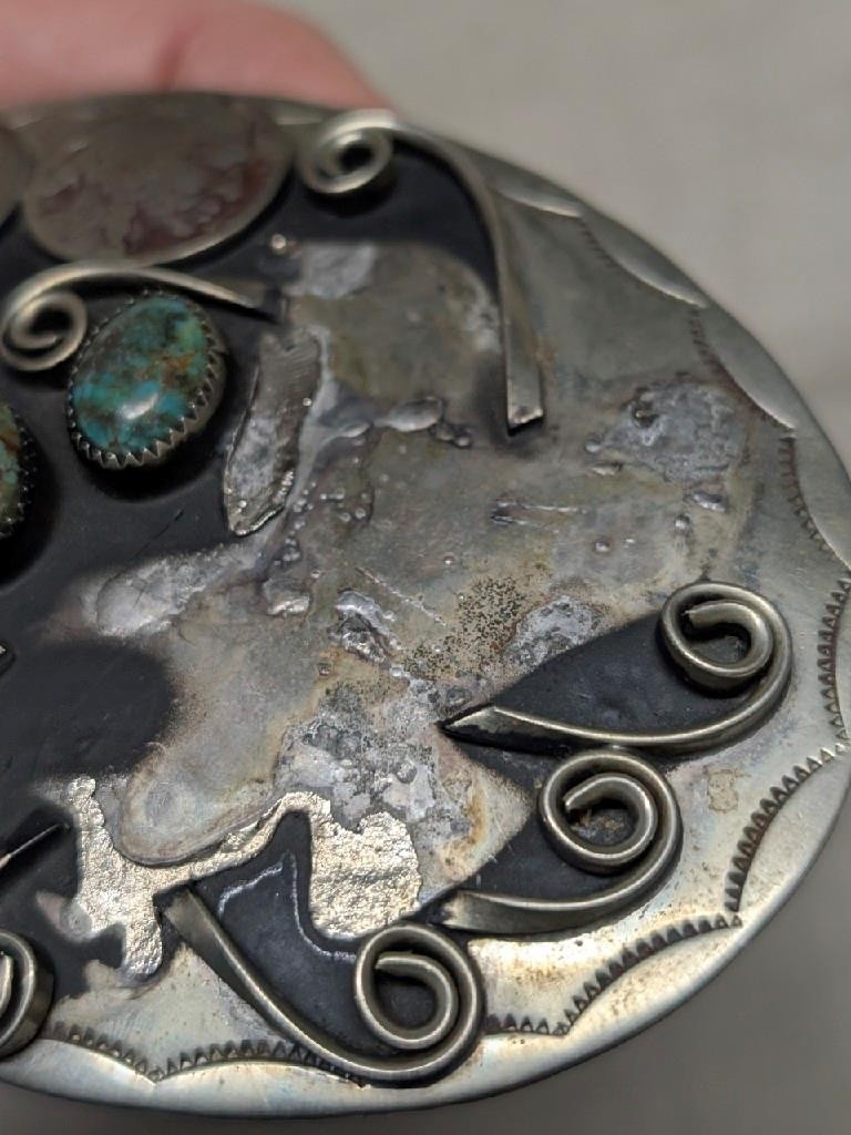 vintage HANDCRAFTED belt buckle INDIAN HEAD native american TURQUOISE nickel