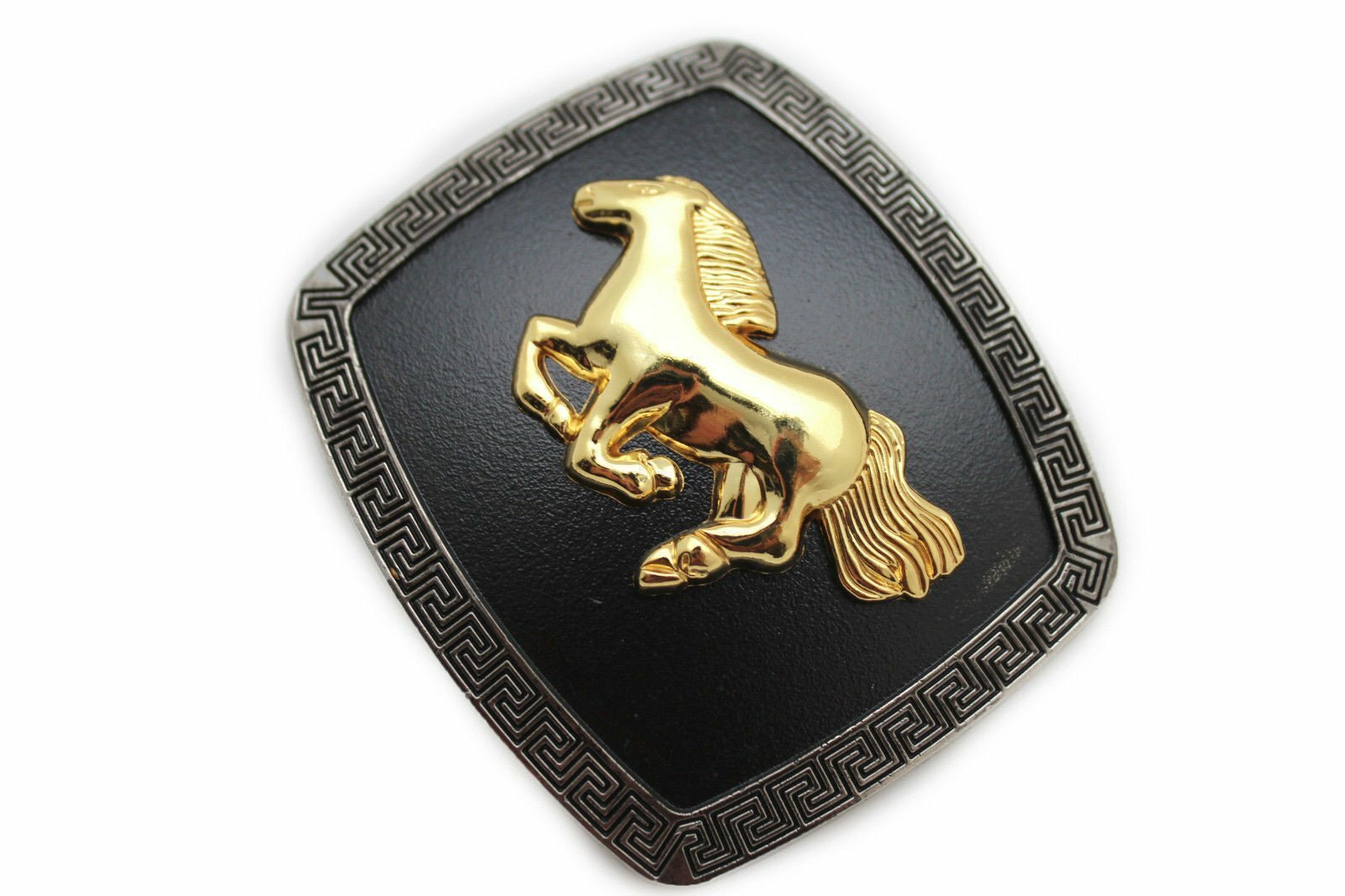 Men Women Western Belt Buckle Silver Metal Square Gold Rodeo Horse Black Fabric