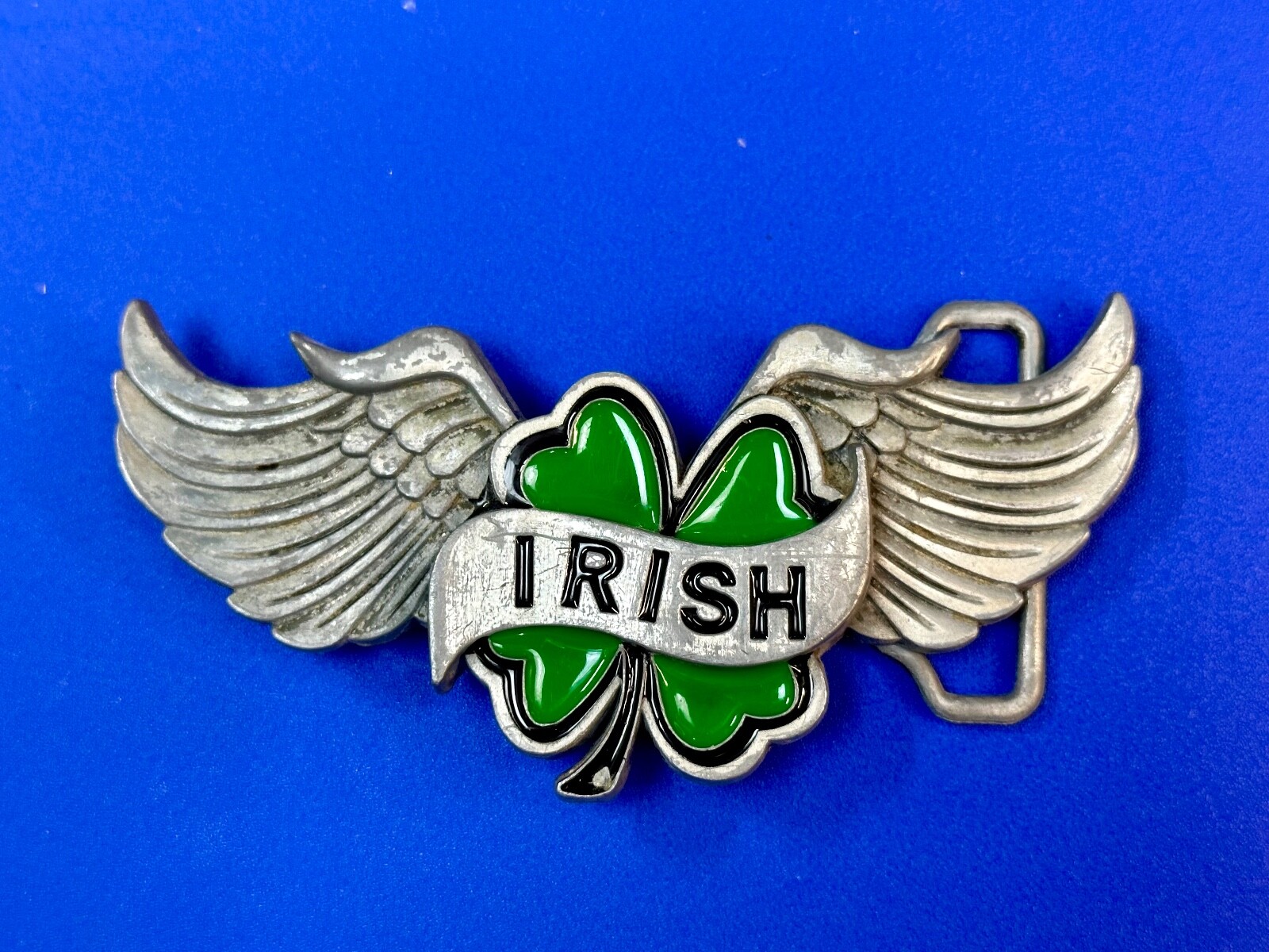 Irish Lucky Four 4 Leaf Clover W/ Wings Cutout Green & Silver Belt Buckle