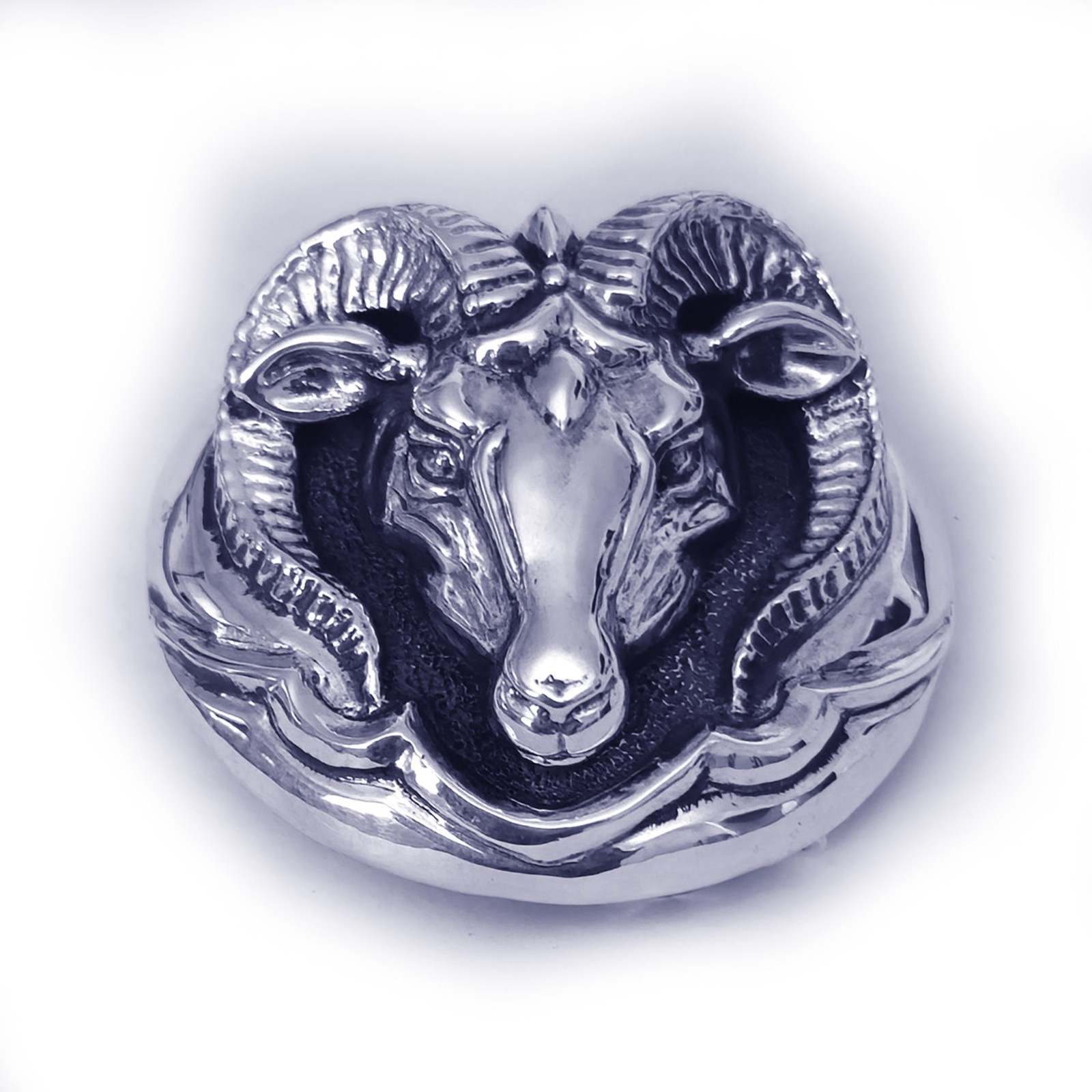 Aries Ram Head Sterling Silver Round Belt Buckle