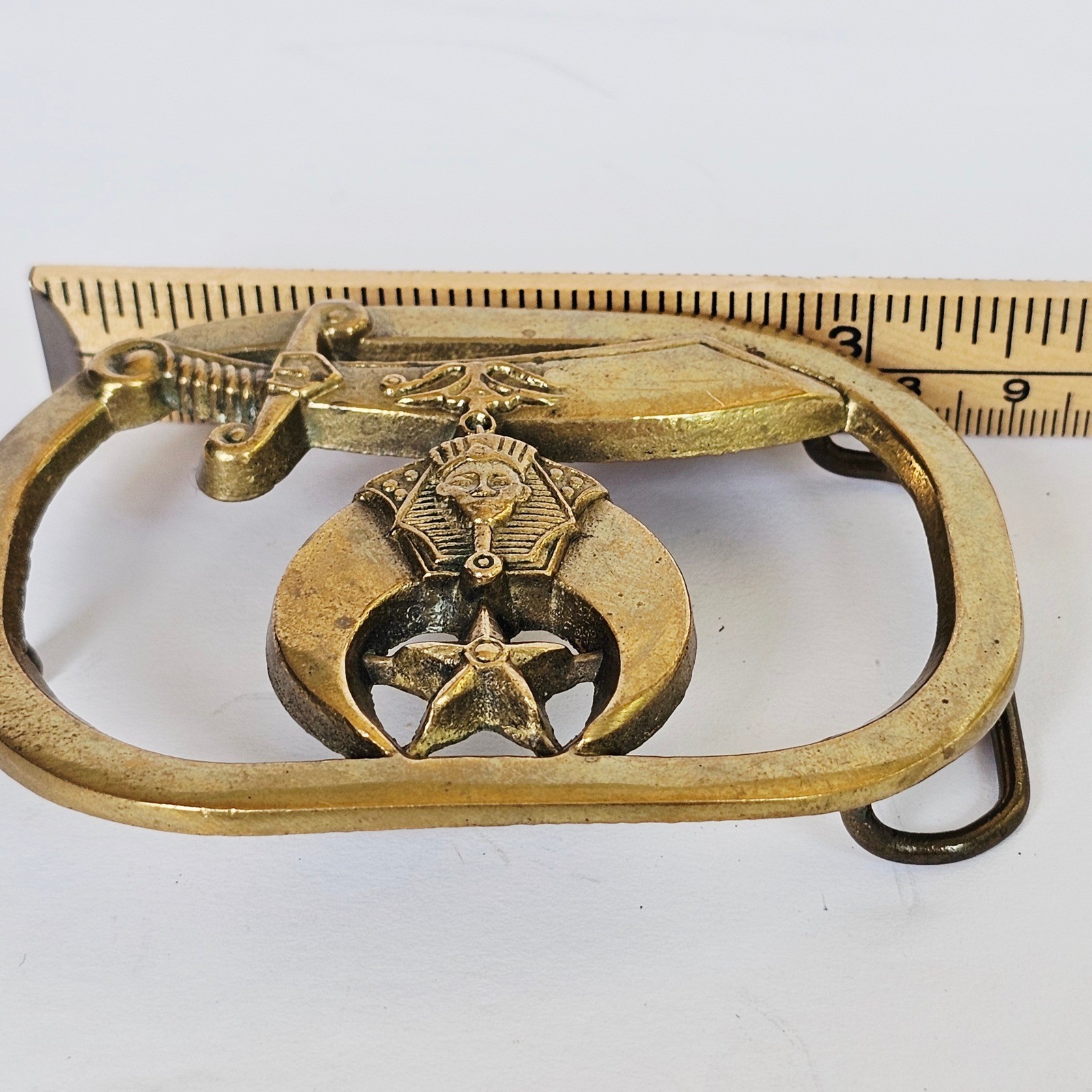 1980 Baron Shriners Masonic Belt Buckle Solid Brass Scimitar Pharaoh Star Vtg