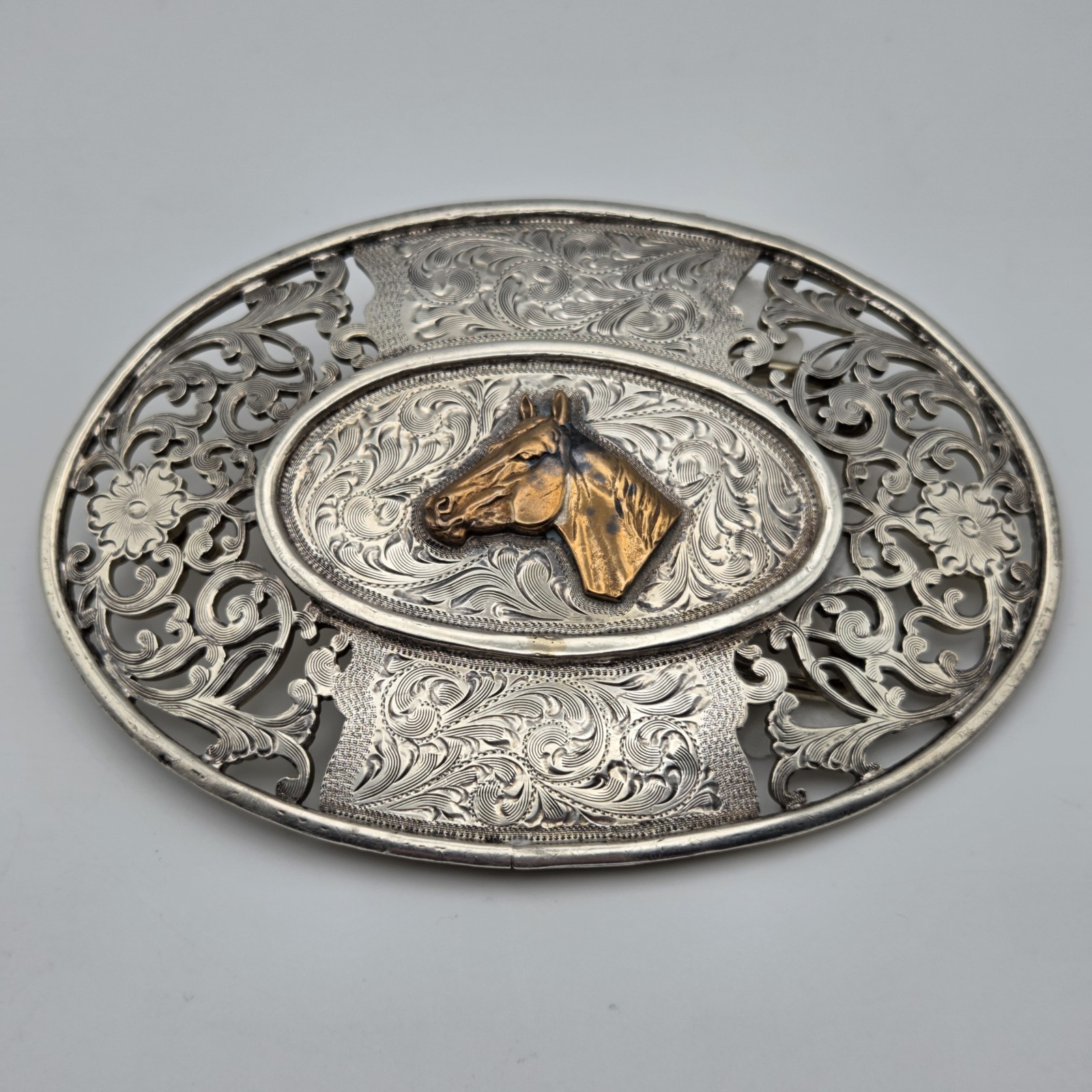 Men&rsquo;s Western Large Ornate Silver Overlay Belt Buckle With Copper Horse