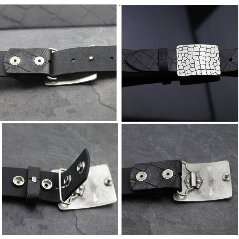 Geometric Line Belt Buckle with Cross Pattern in Gunmetal Design