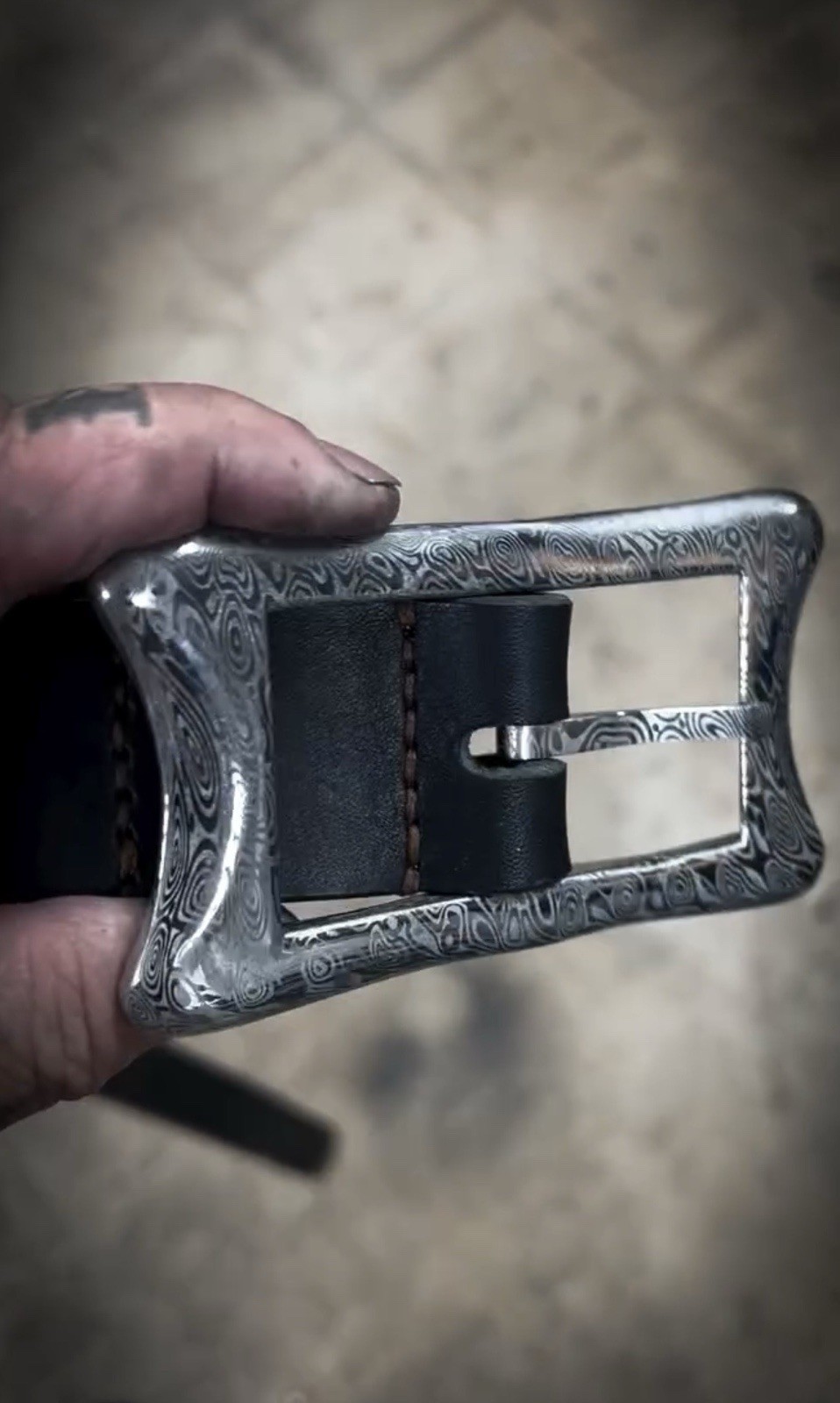 One-off customized 1.5” Damascus Steel Buckle With English Bridal Leather Belt