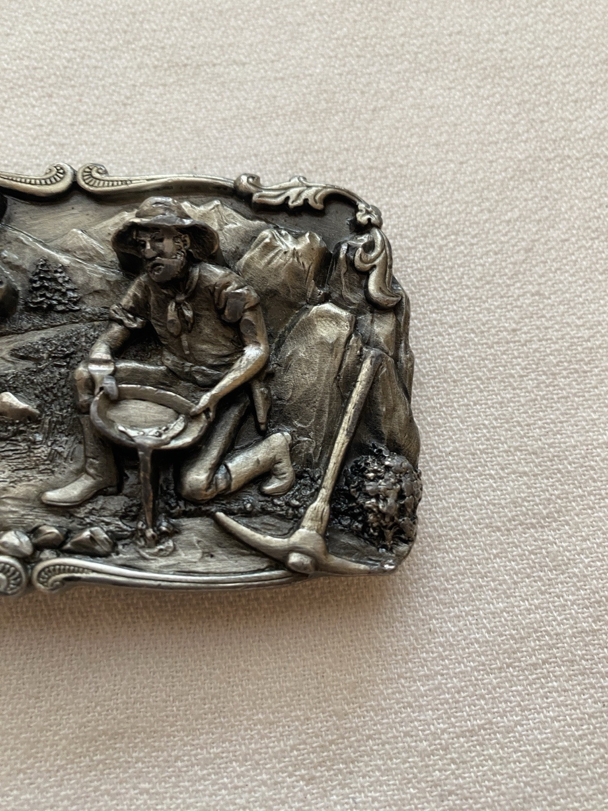 1981 Siskiyou Buckle & Arroyo Grande Gold Miner Panning Mule Belt Buckle Pewter