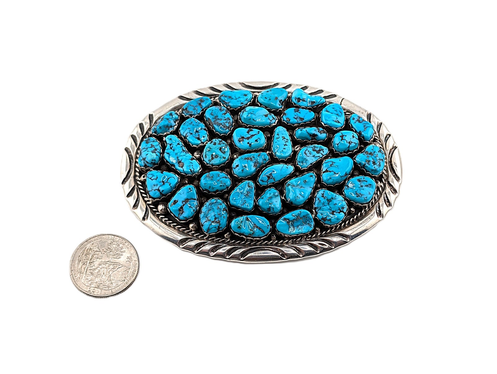 Vintage Native American Turquoise Nugget Cluster Belt Buckle Handmade Jewelry