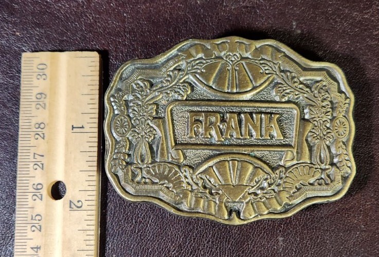 1970s Oden Inc. Brass/Bronze « Frank » Belt Buckle, Personalized Name, EUC