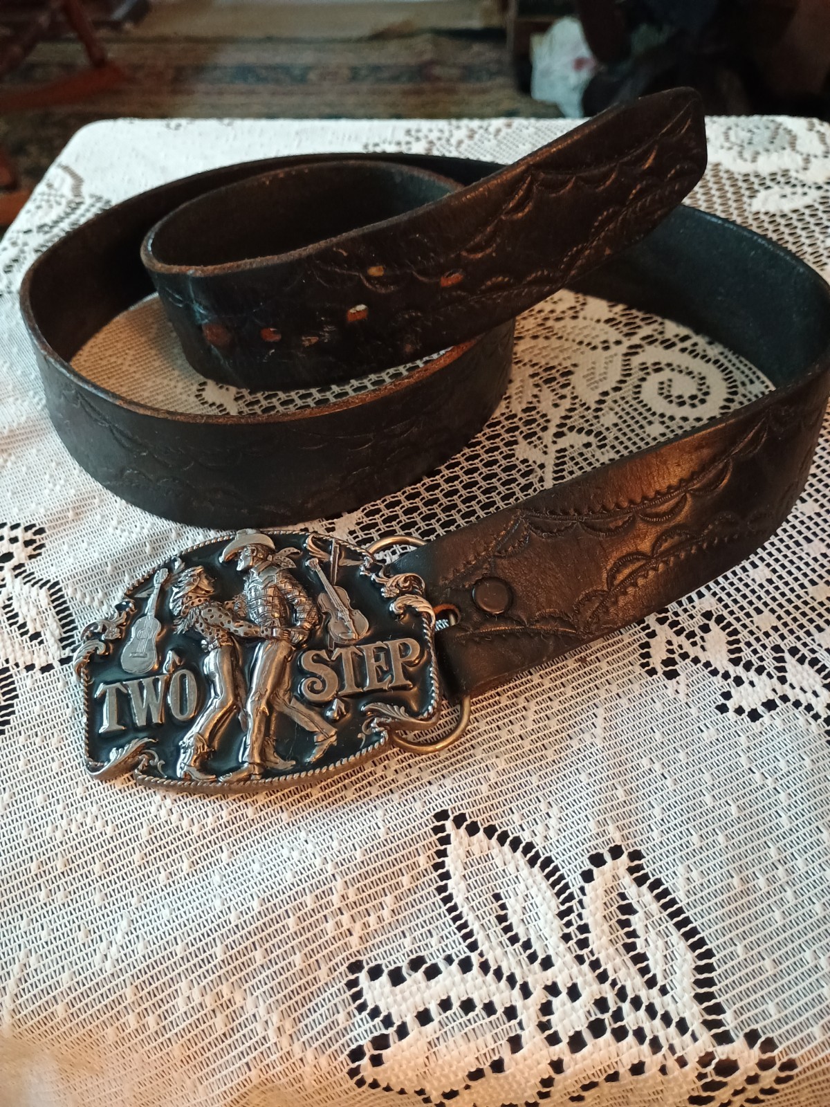TWO STEP Belt Buckle 1994 Siskiyou Buckle Co. #N-7 Cowboy Western USA W/36&Prime; Belt