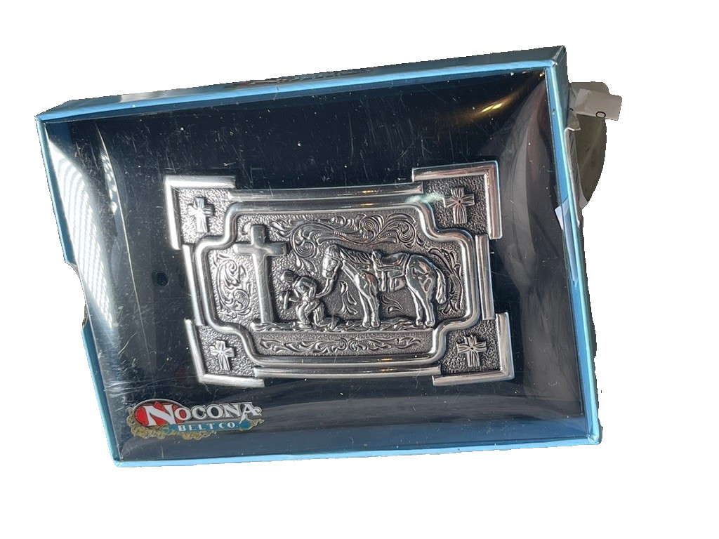 Nocona Mens Belt Buckle 3.5 x 2.5 in Cowboy Horse Cross Western Silver 1.5