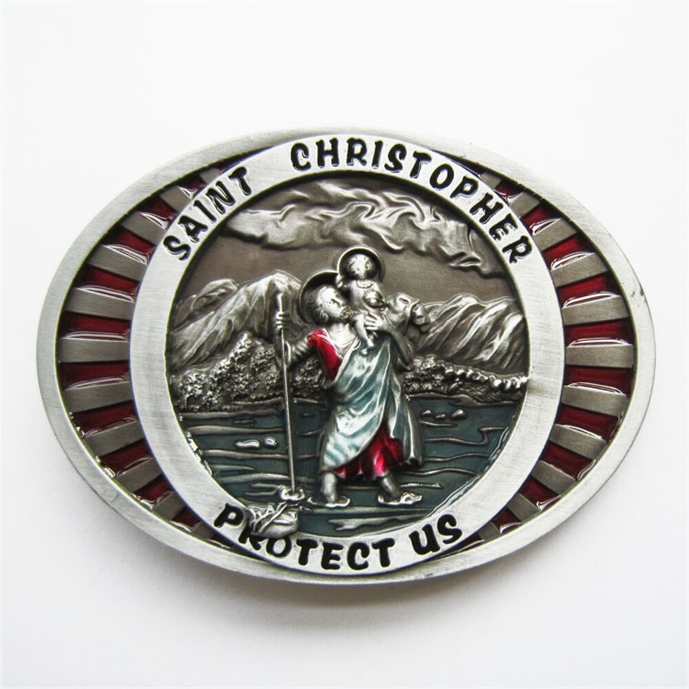 Vintage Style Enamel Saint Christopher Protect Us Belt Buckle Also Stock in US