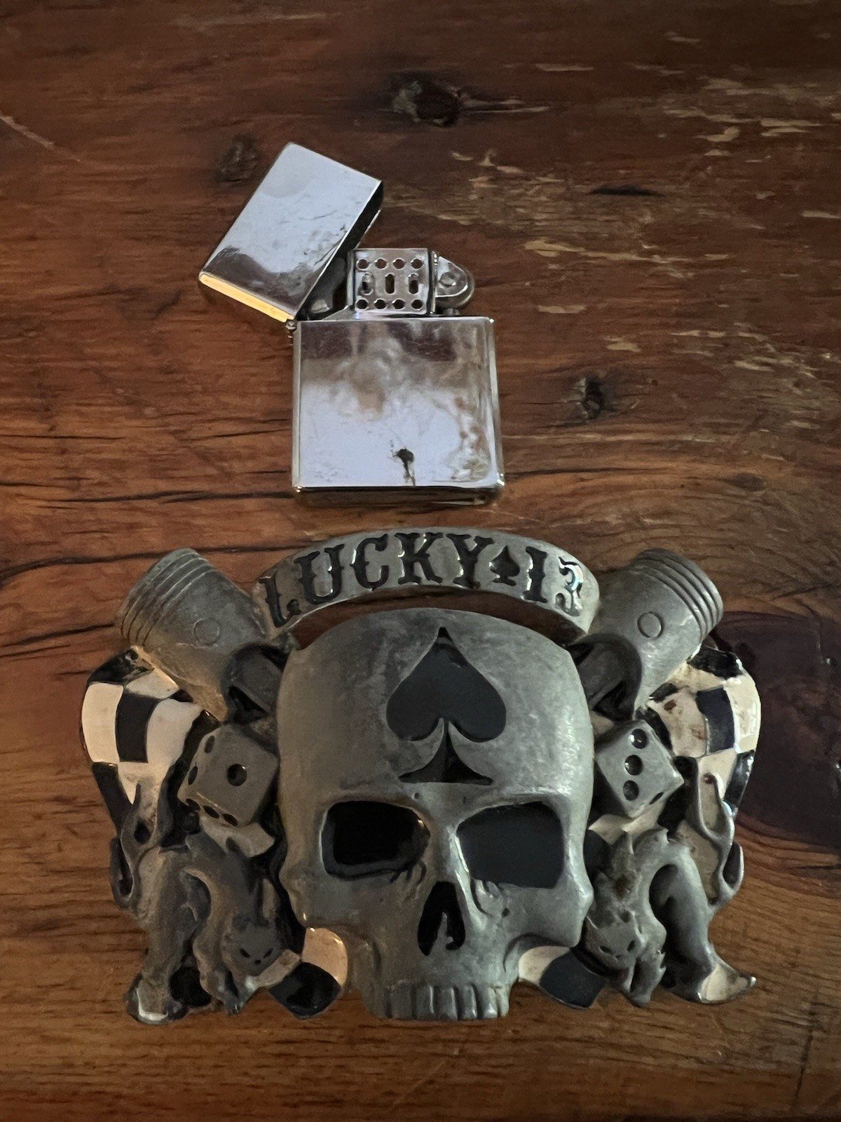 Lucky 13 Apparel Skull Zippo Lighter Holder Belt Buckle 2003 W/ A Lighter BOLD