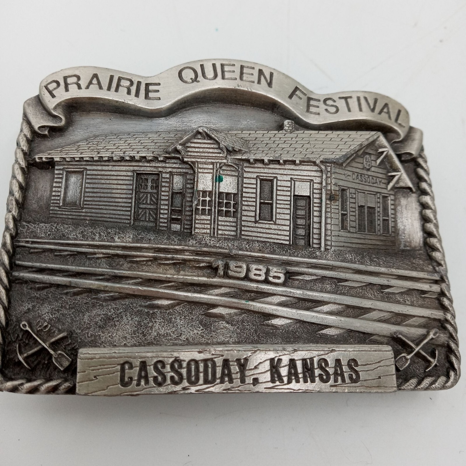 ATSF Train Depot Belt Buckle Cassoday KS 1985 Prairie Queen Festival Vintage