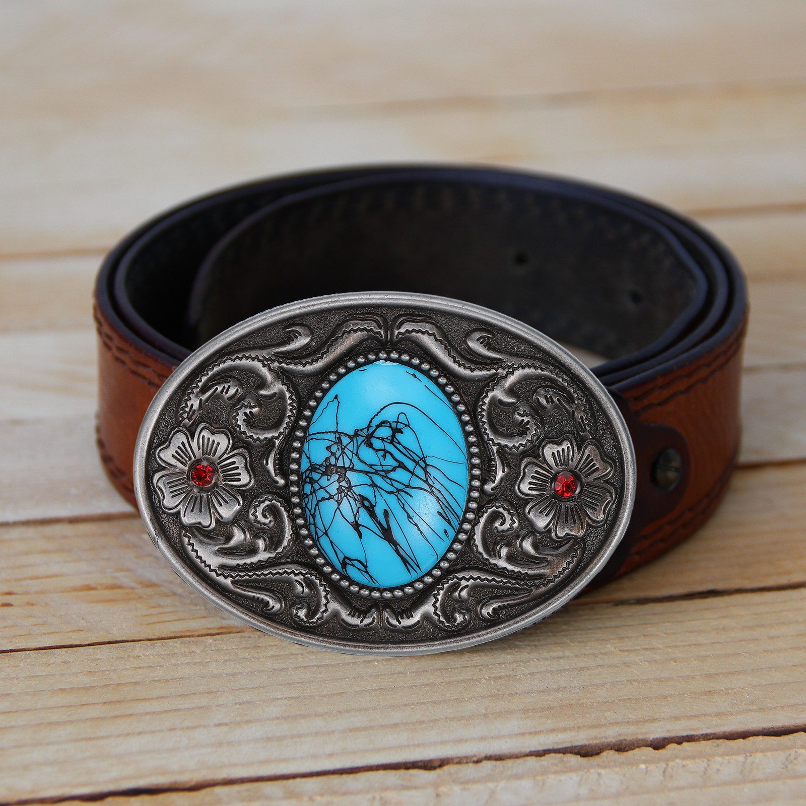 Western Belt Buckle for Men, Big Turquoise Belt Buckle for Cowboy, Bronze 1 Pcs