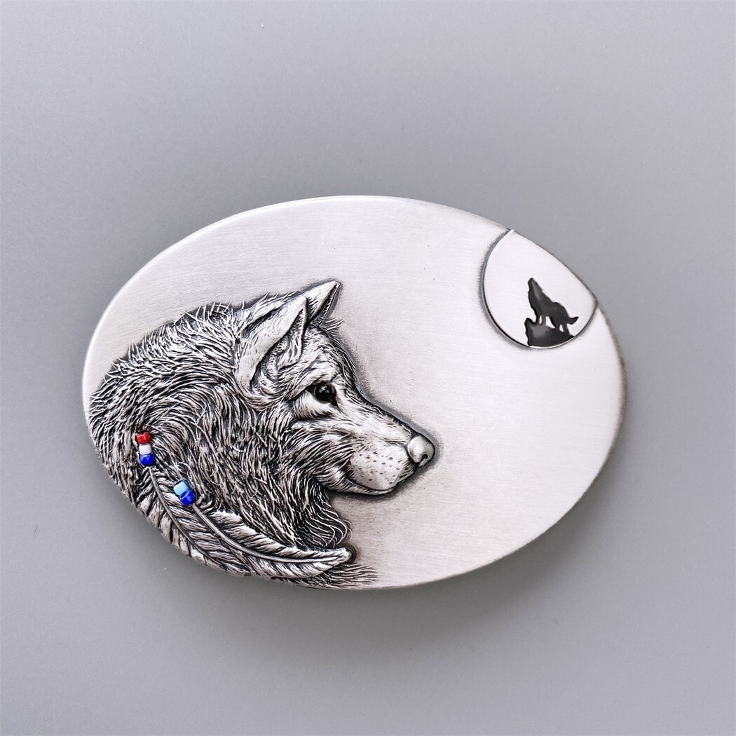 Vintage Silver Plated Wolf Oval Belt Buckle Boucle de Ceinture