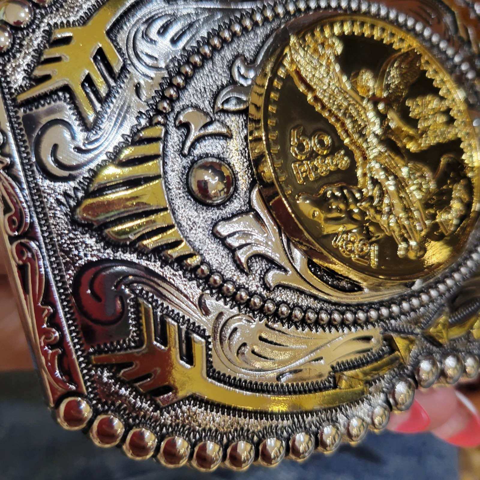 Centenario Cowboy Belt Buckle Western Hebilla Silver Gold Faux Mexican Peso