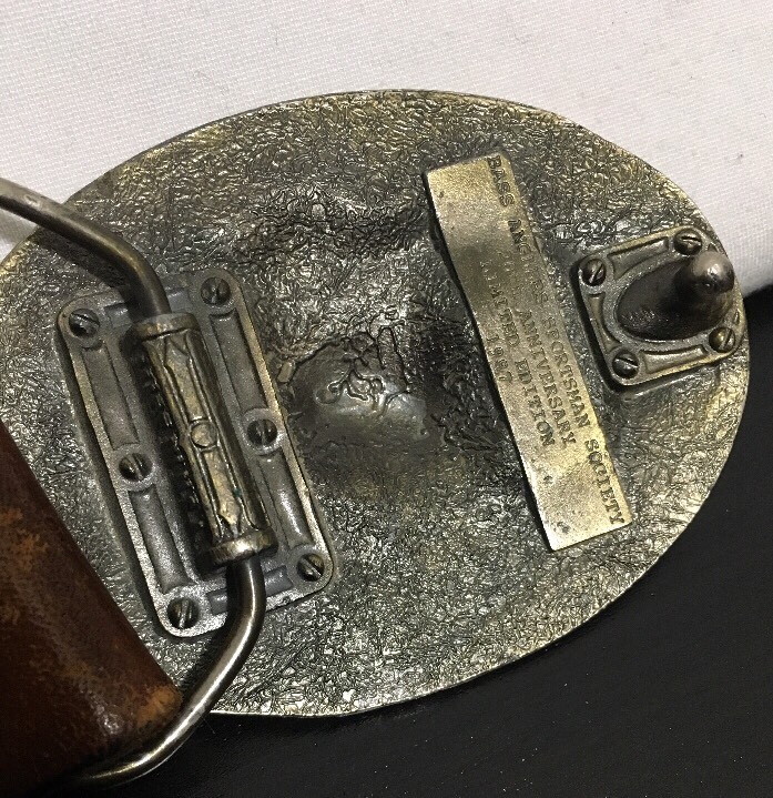 BASS ANGLERS SPORTSMAN SOCIETY BRASS Belt Buckle Tooled Leather 20th Anniversary