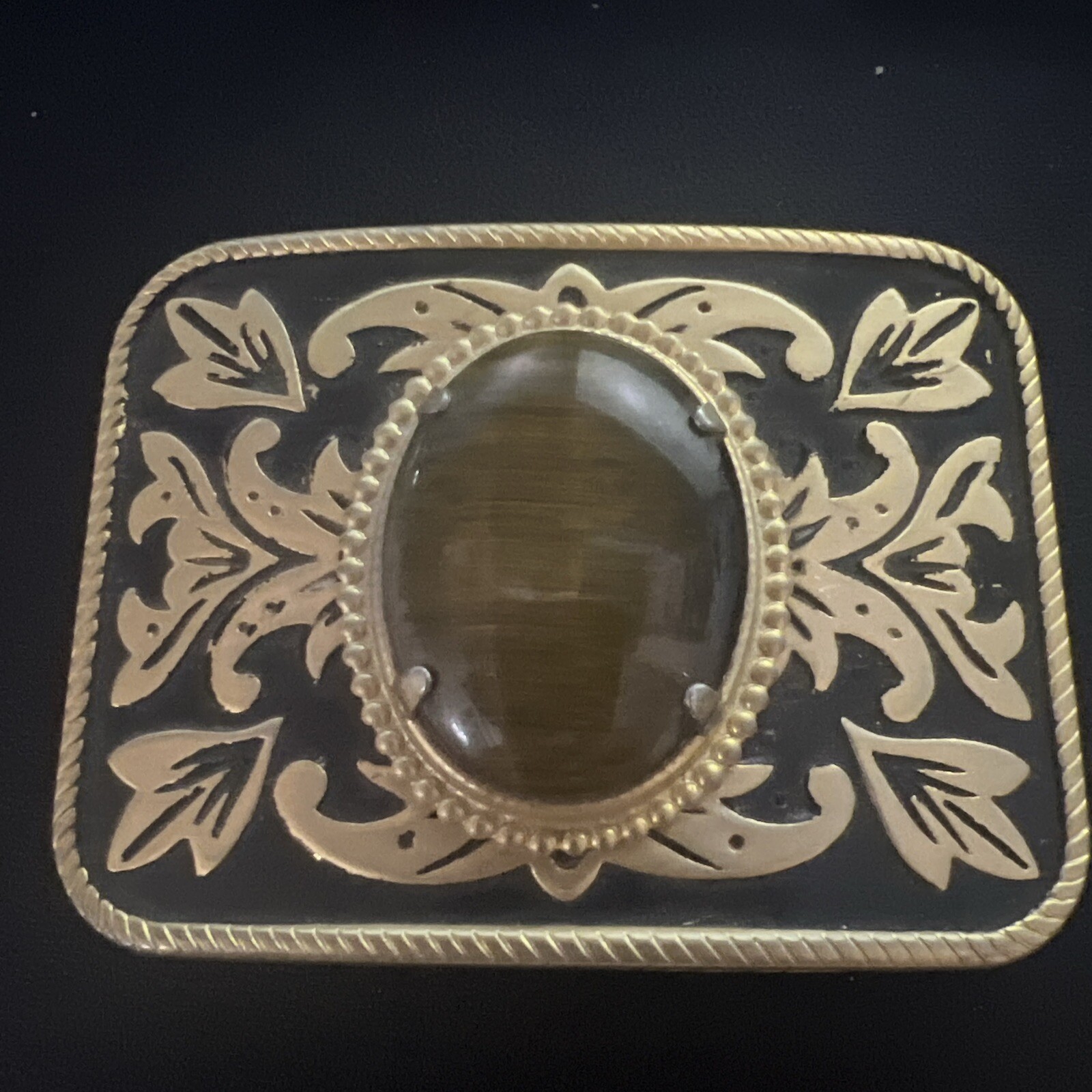 Vintage Belt Buckle Western Style Gold Ornate with Large Brown Oval Stone