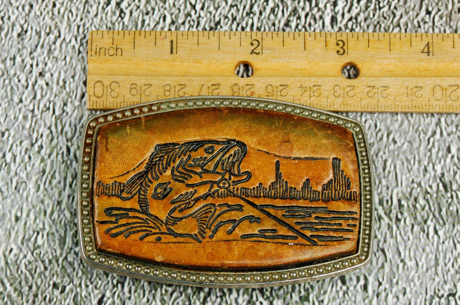 Bass Fishing vintage belt buckle western leather on metal Alumaline