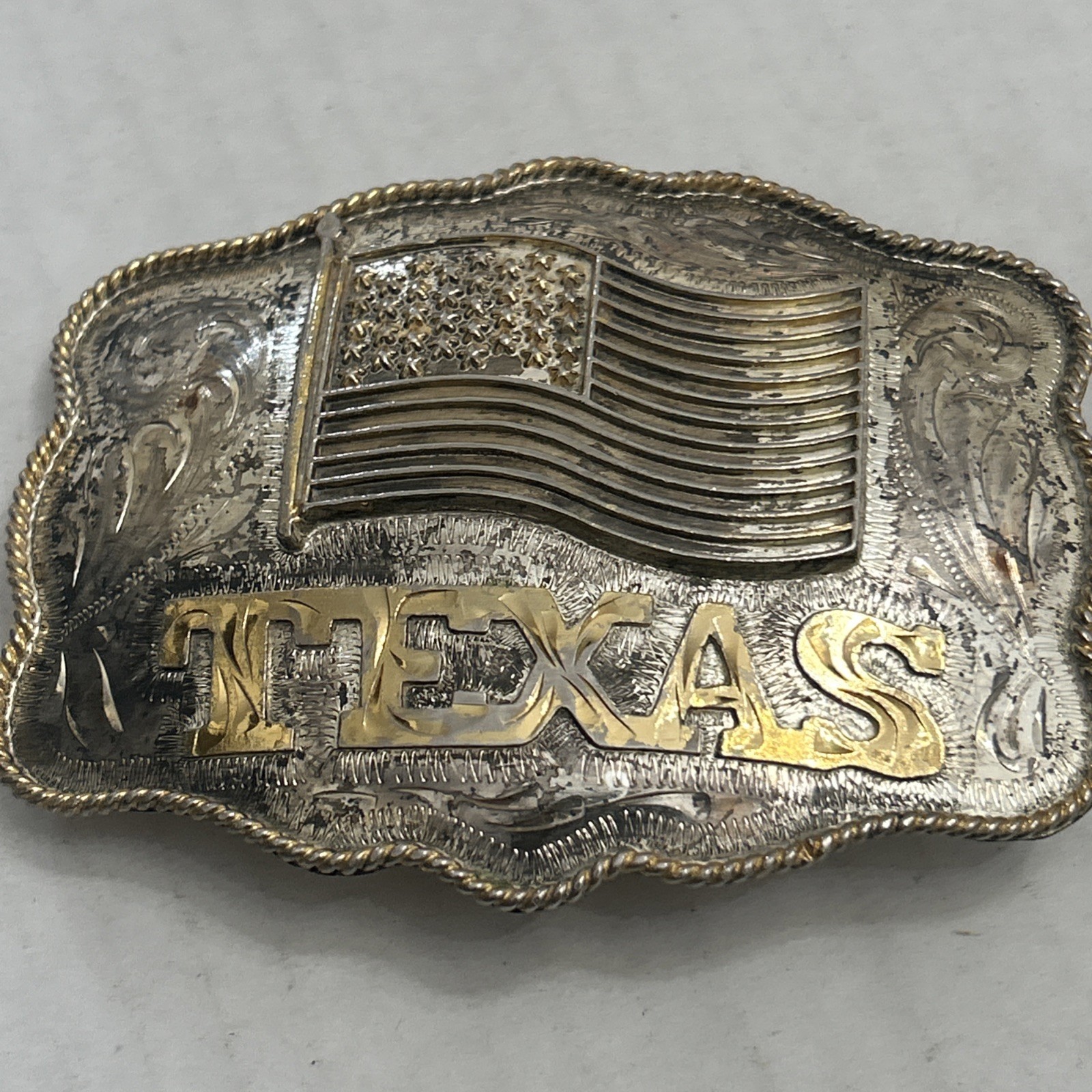 Vintage Texas, U.S. Flag Large Western Distressed Cowboy Buckle Made In Mexico