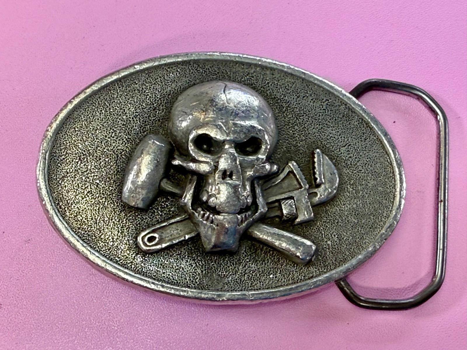 Mechanic Skull Crossed Wrench Hammer Tool Solid Fine Pewter Belt Buckle