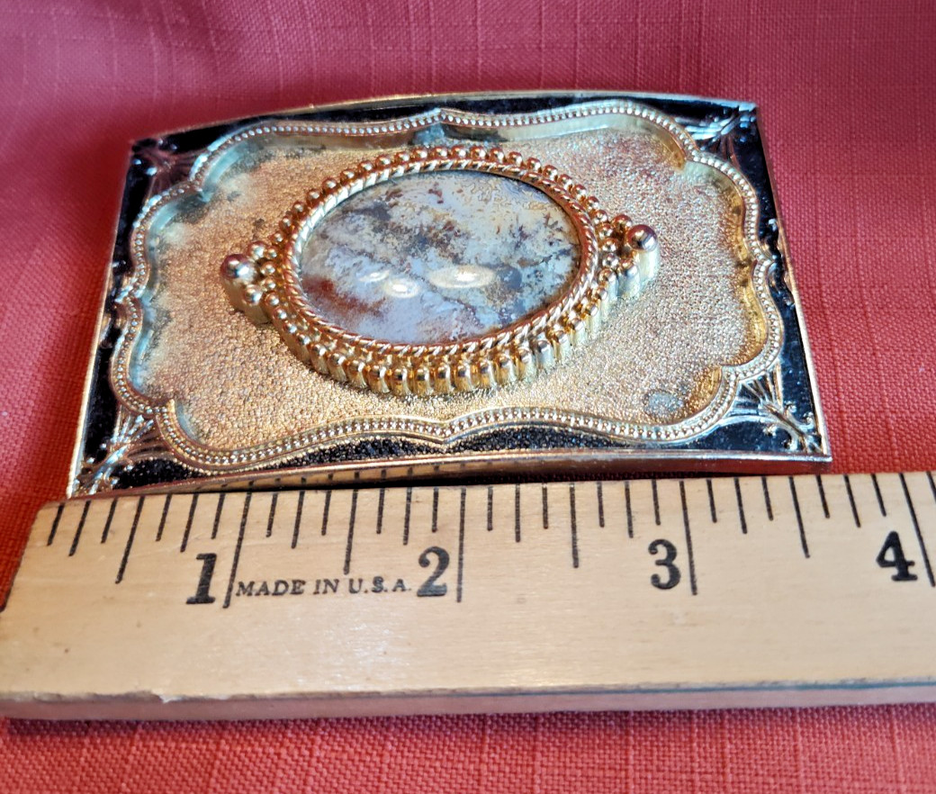 VTG Gold Toned Belt Buckle w Oval Jasper Stone fits 1 .5&Prime; Western Style Belt