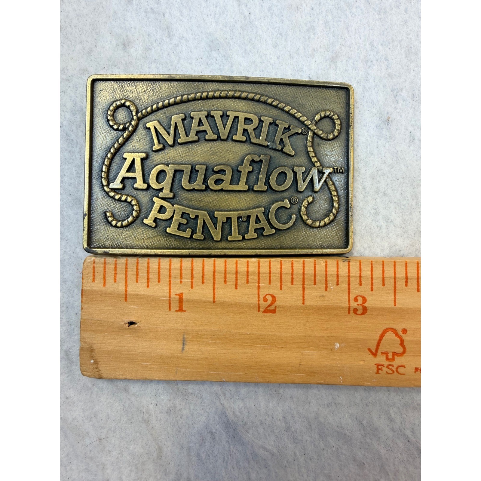 Vintage Mavrik Aquaflow Pentac Brass Tone Rectangular Belt Buckle Industrial 3in