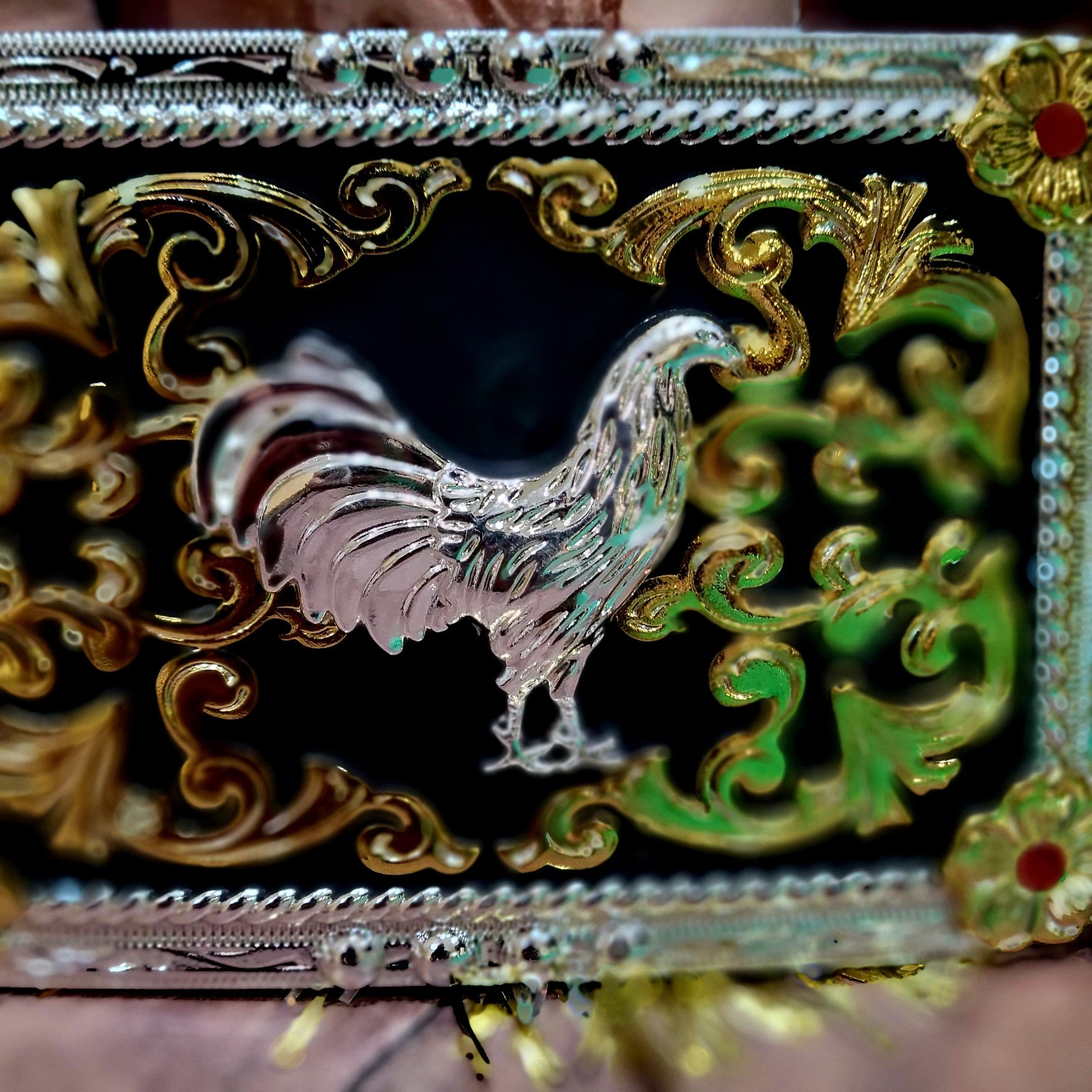 Rooster Western Belt Buckle Black Gold And Silver Rectangle For 2.0 Inch Belt