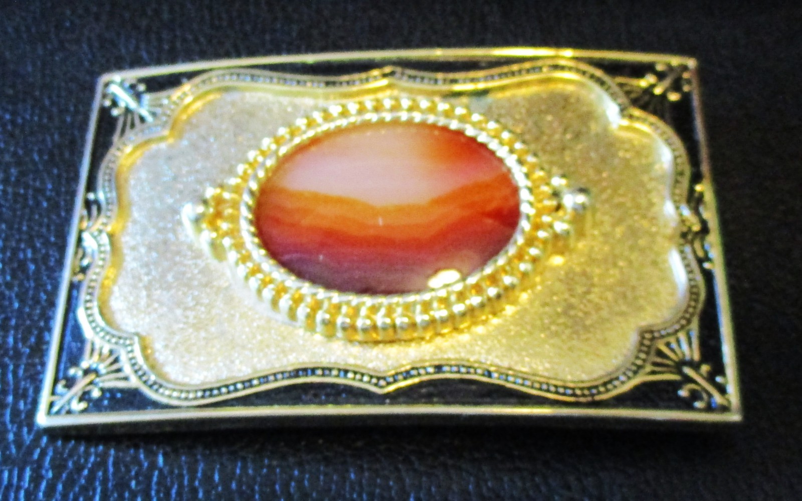 Vintage Square Brass Belt Buckle with Oval Shape Acrylic Looking Brown Stone
