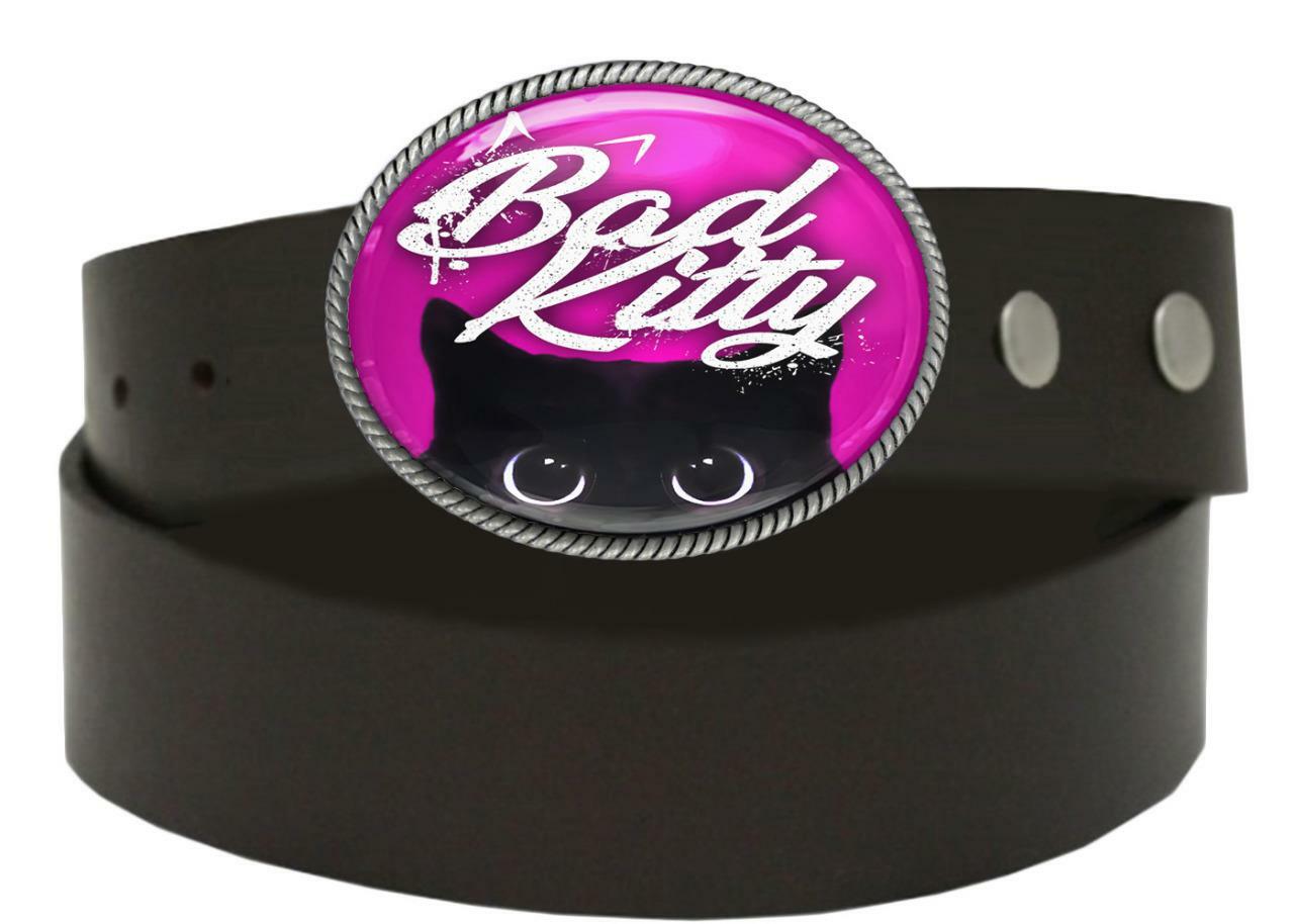 Bad Kitty Black Cat Hot Pink Punk Handmade Artisan Belt Buckle