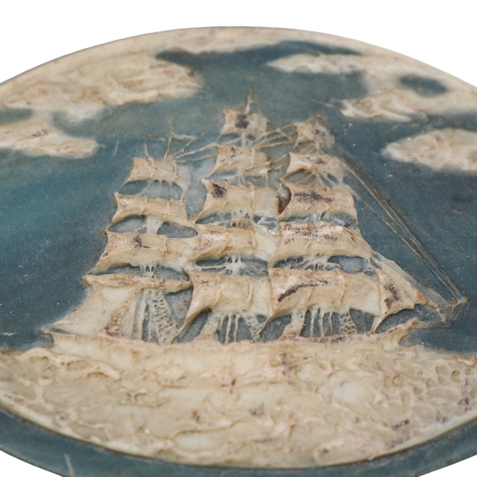 Vintage Incolay Stone Belt Buckle Cameo Sailing Ship Boat Clipper Nautical BLUE