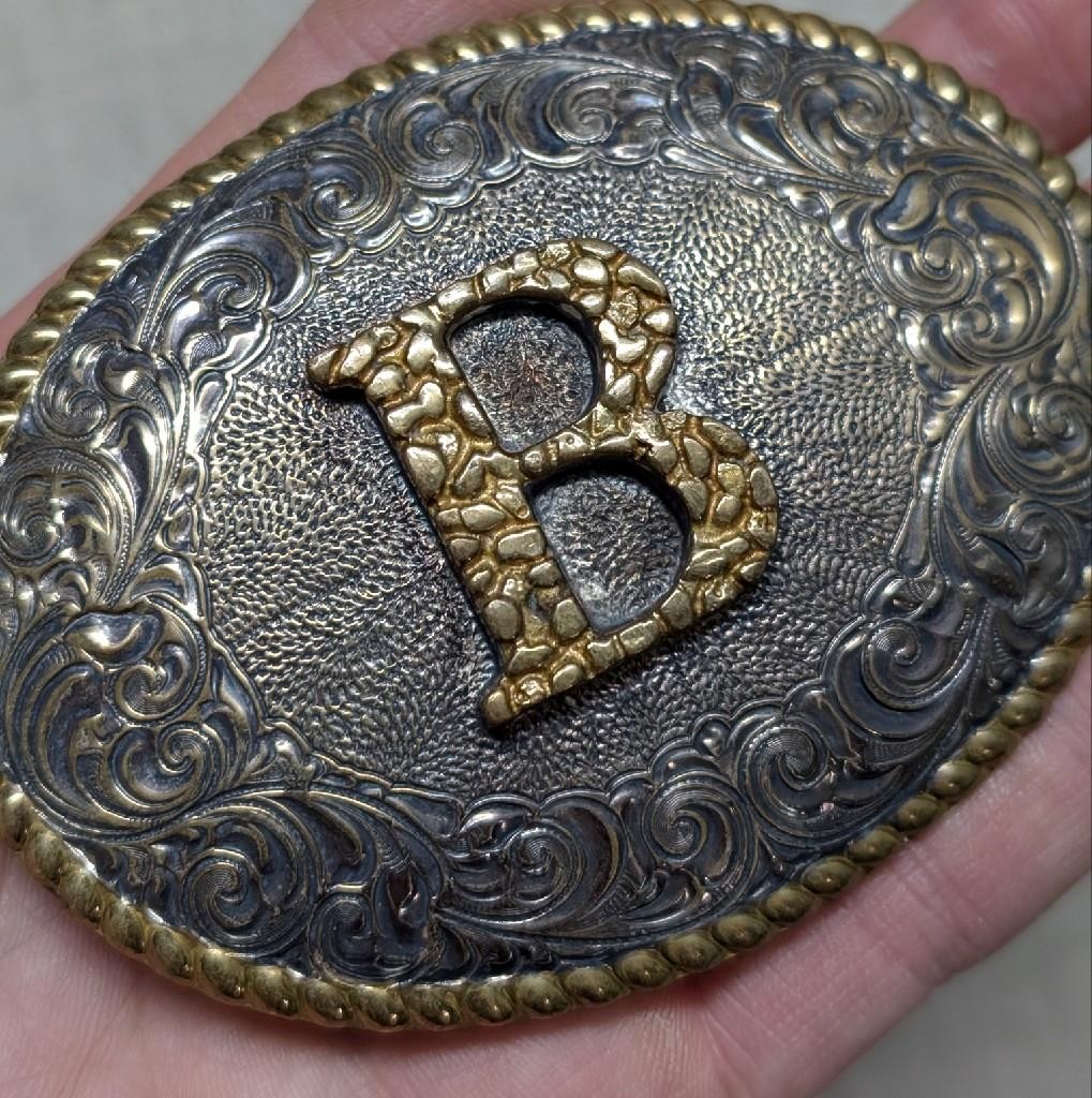 vintage CRUMRINE belt buckle « B » heavy silver plate BRONZE sterling WESTERN