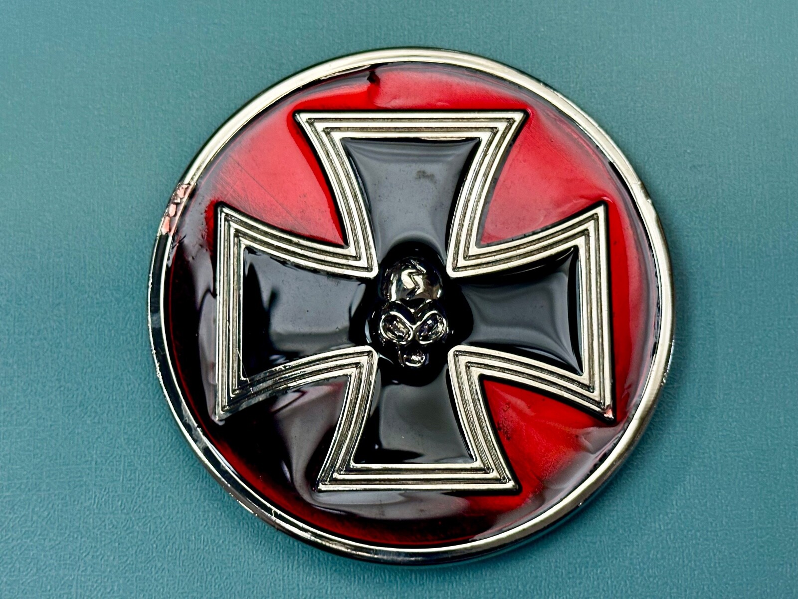 Enamel Round Iron Maltese Cross With Centered Silver Color Skull Belt Buckle