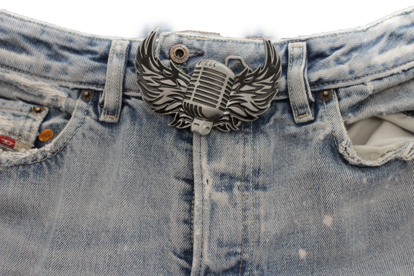 Men Women Silver Buckle Western Hip Hop Radio Music Microphone Fire Wings Rocker