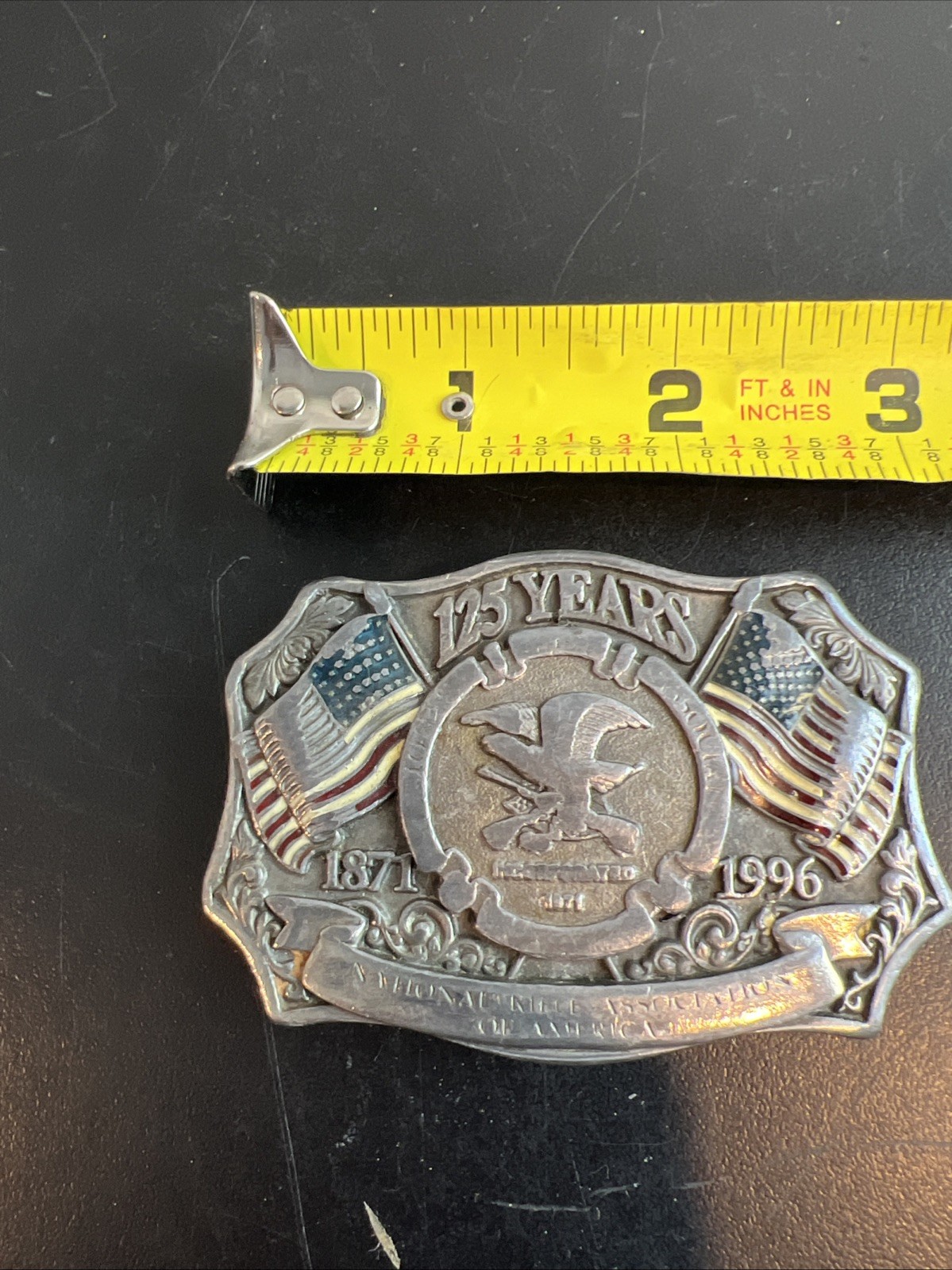 NRA Metal Belt Buckle 1871-1996 NRA 125thAnniversary American Flag