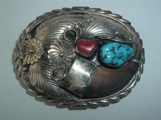 SIGNED R. BEGAY NAVAJO STERLING TURQUOISE CORAL BELT BUCKLE
