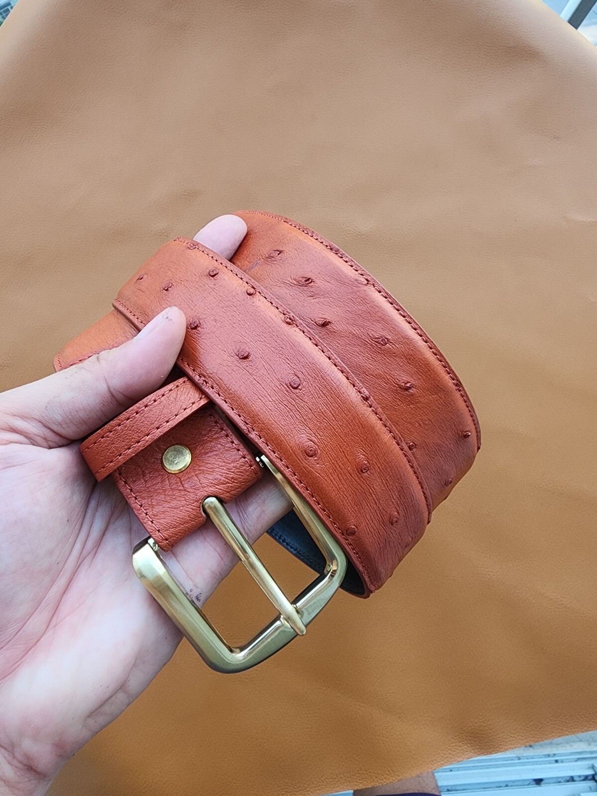3.8CM Brown 100% Genuine Body Ostrich Leather Skin Men Belt Buckle- Handmade