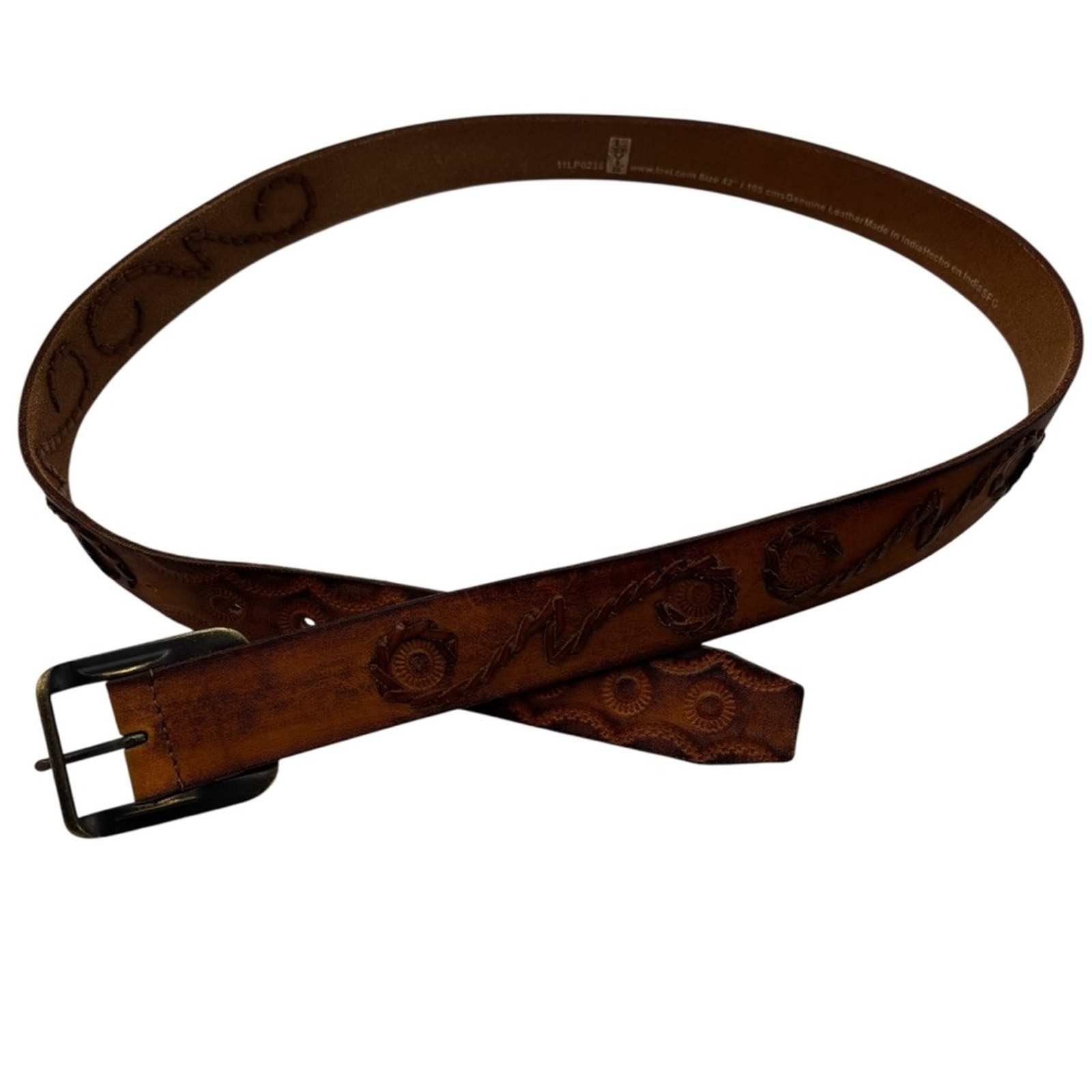 Levi’s Men’s Tooled and Braided Stitched Brown Leather Belt Western Hippy