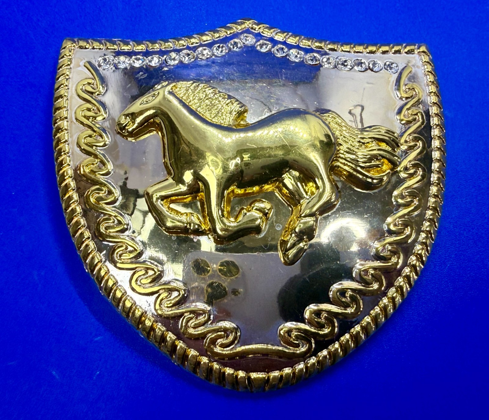 Running Galloping Horse Shield with Sparkling Rhinestones Reflective Belt Buckle