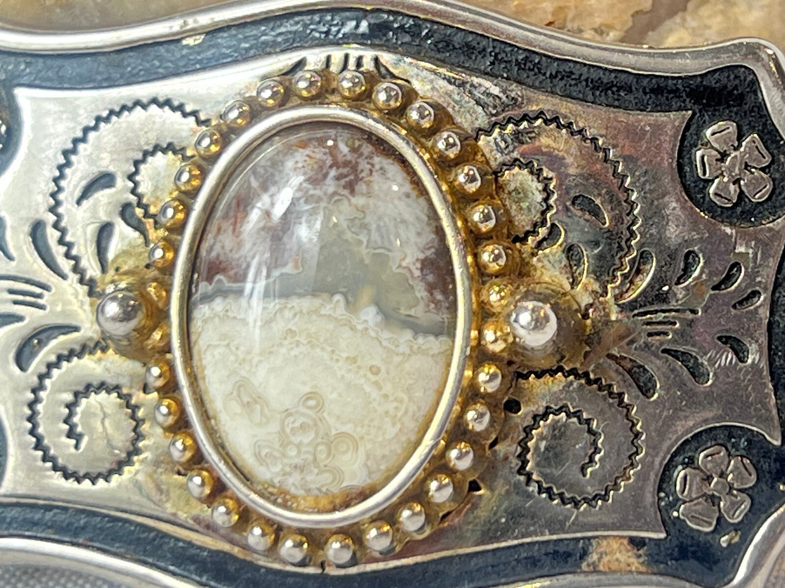 Vtg Western Style Belt Buckle Silvertone And Polished Cabochon Stone USA