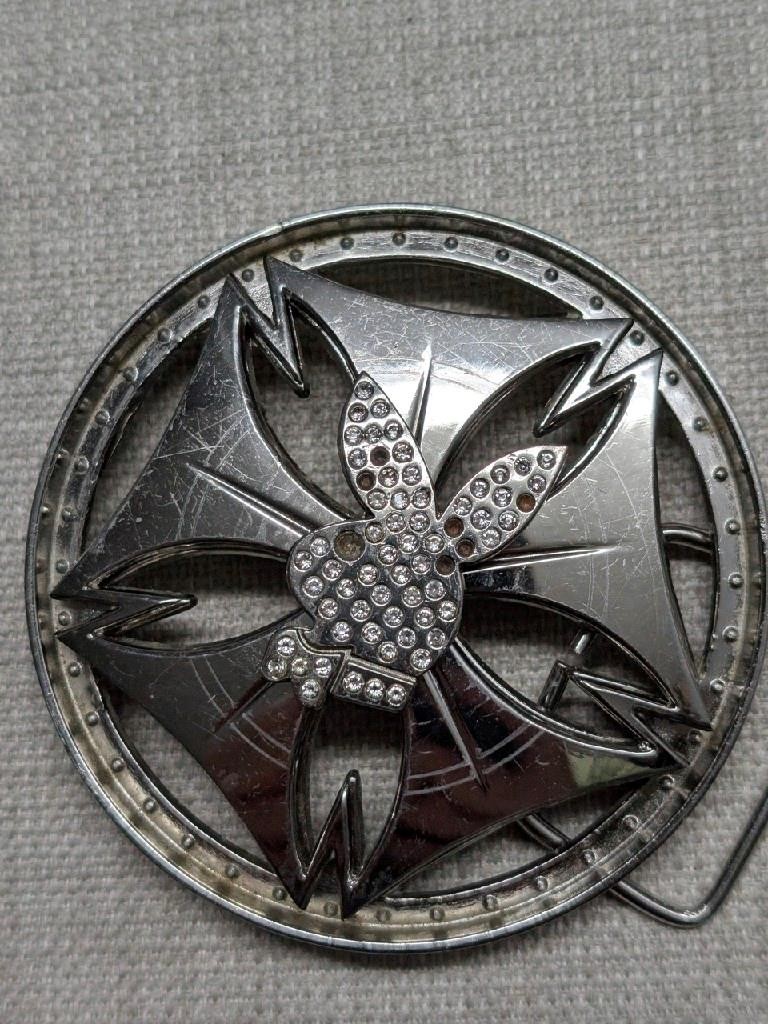 vintage PLAYBOY belt buckle SPINNER chrome BUNNY metal rhinestone STUDDED